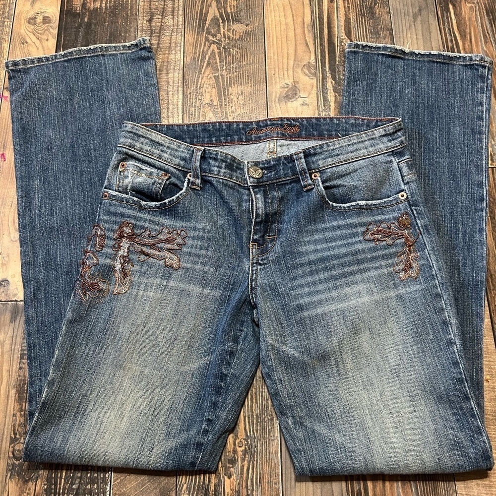 Y2K American Eagle Outfitters Blue Boot Cut Jeans with Brown Embroidery